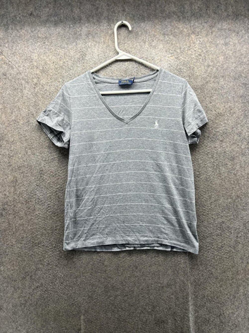 Polo Ralph Lauren Shirt Women Medium Gray Stripe V Neck Short Sleeve Jersey Tee